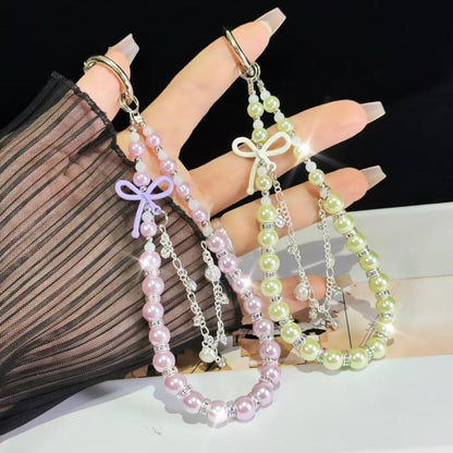 Bow Glass Pearl Mobile Phone Chain(Blue) - Lanyards & Wrist Straps by buy2fix | Online Shopping UK | buy2fix