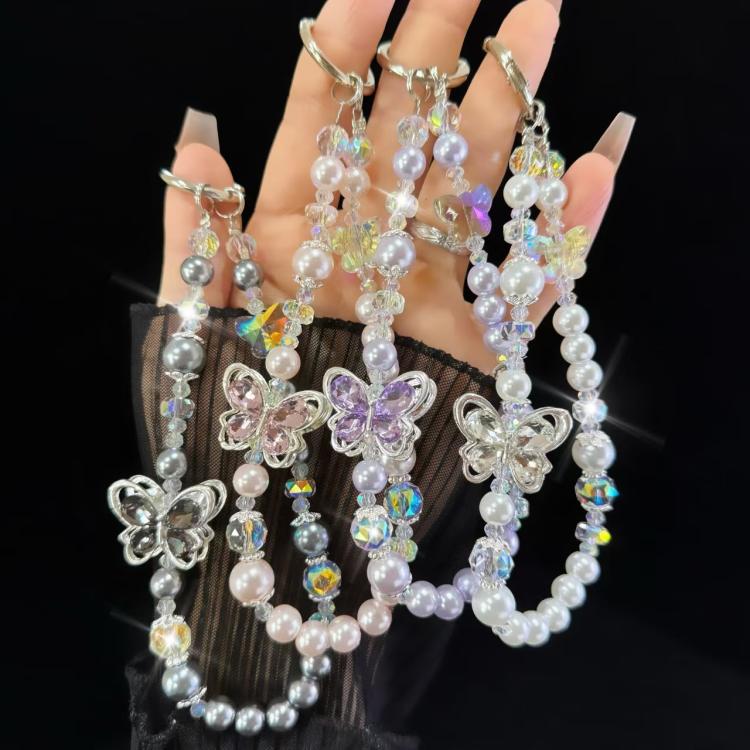 Tassel Pearl Double Butterfly Phone Chain(Grey) - Lanyards & Wrist Straps by buy2fix | Online Shopping UK | buy2fix