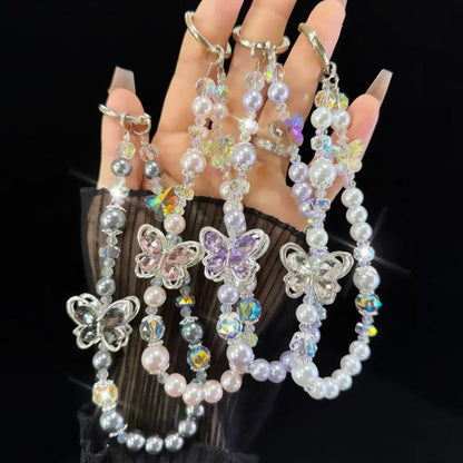 Tassel Pearl Double Butterfly Phone Chain(Grey) - Lanyards & Wrist Straps by buy2fix | Online Shopping UK | buy2fix