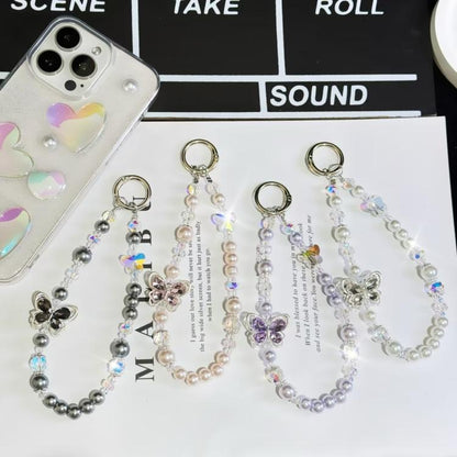 Tassel Pearl Double Butterfly Phone Chain(Grey) - Lanyards & Wrist Straps by buy2fix | Online Shopping UK | buy2fix
