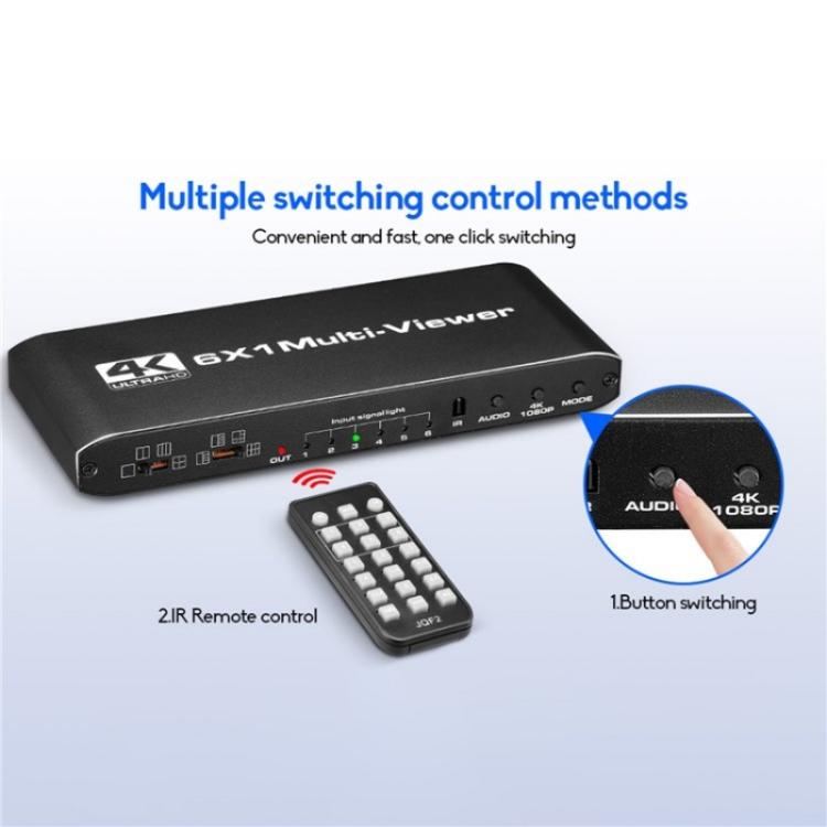JQF2 4K Seamless Switcher Screen Splitter Multiple Display Modes 6 in 1 Out HDMI Multiviewer, Plug:US Plug - Splitter by buy2fix | Online Shopping UK | buy2fix