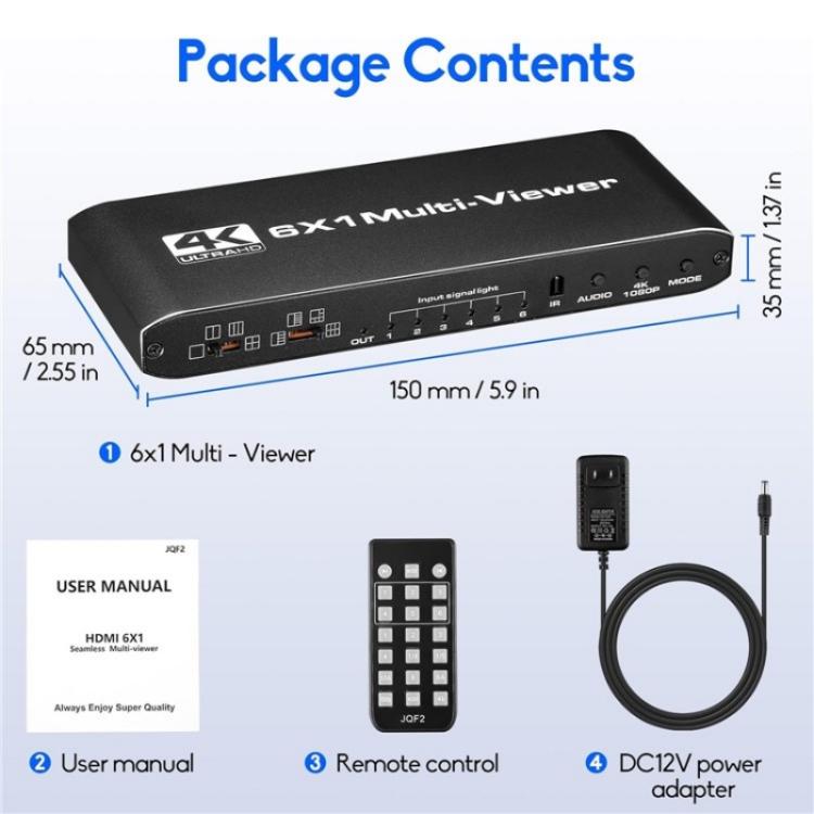 JQF2 4K Seamless Switcher Screen Splitter Multiple Display Modes 6 in 1 Out HDMI Multiviewer, Plug:EU Plug - Splitter by buy2fix | Online Shopping UK | buy2fix