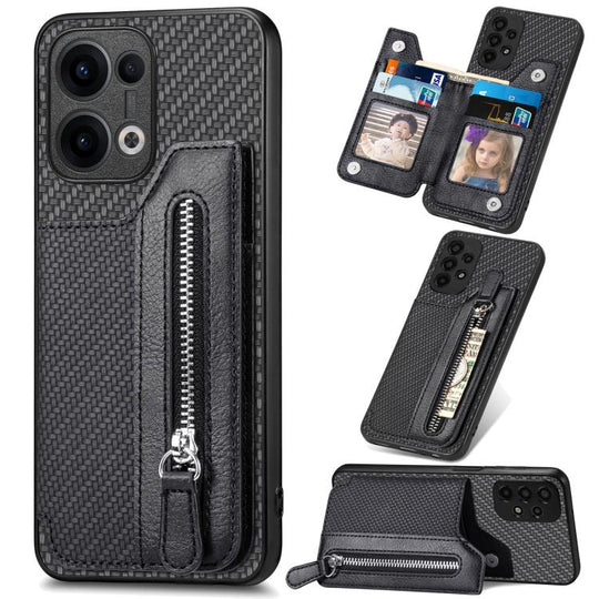 For OPPO Reno13 Carbon Fiber Horizontal Flip Zipper Wallet Phone Case(Black)