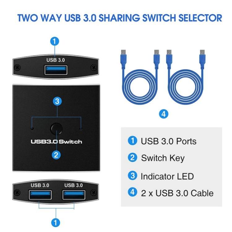 U3 USB Drive Printer Sharing Splitter USB 3.0 Bidirectional Switch 1 Input 2 Output Hub - USB 3.0 HUB by buy2fix | Online Shopping UK | buy2fix