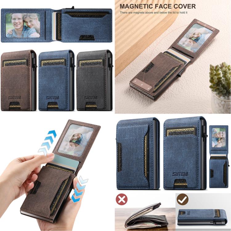 Suteni Denim Pattern Button Automatically Pops Out the Card Box(Brown) - Wallets by Suteni | Online Shopping UK | buy2fix
