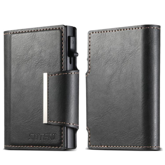 Suteni oil wax-patterned left and right buckle buttons automatically pop out the card box(Black) - Adhesive Card Holders by Suteni | Online Shopping UK | buy2fix