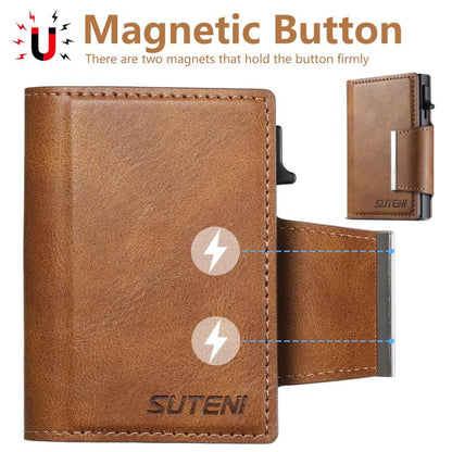 Suteni oil wax-patterned left and right buckle buttons automatically pop out the card box(Brown) - Adhesive Card Holders by Suteni | Online Shopping UK | buy2fix
