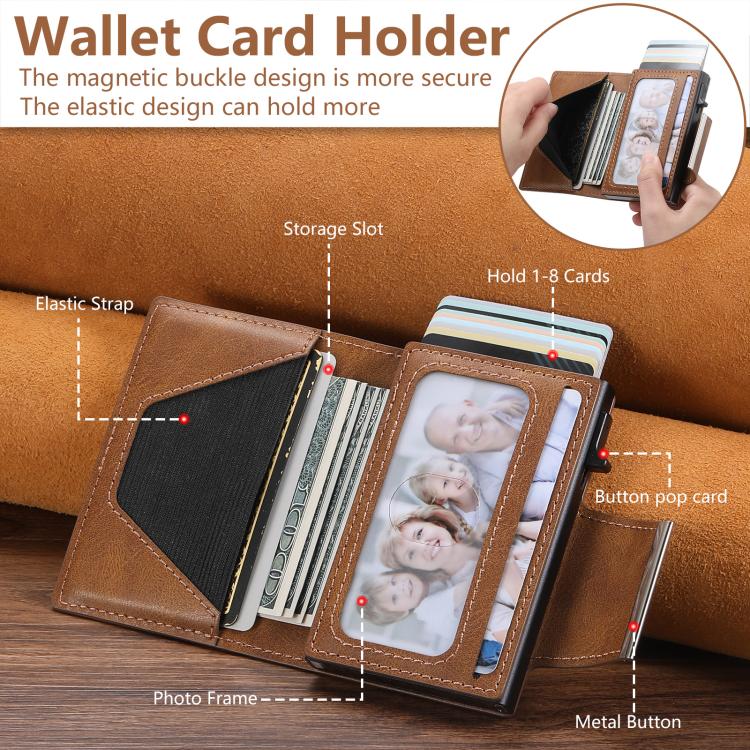 Suteni oil wax-patterned left and right buckle buttons automatically pop out the card box(Brown) - Adhesive Card Holders by Suteni | Online Shopping UK | buy2fix