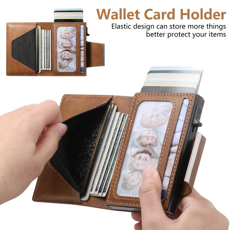 Suteni oil wax-patterned left and right buckle buttons automatically pop out the card box(Brown) - Adhesive Card Holders by Suteni | Online Shopping UK | buy2fix