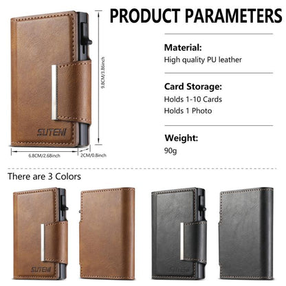 Suteni oil wax-patterned left and right buckle buttons automatically pop out the card box(Brown) - Adhesive Card Holders by Suteni | Online Shopping UK | buy2fix