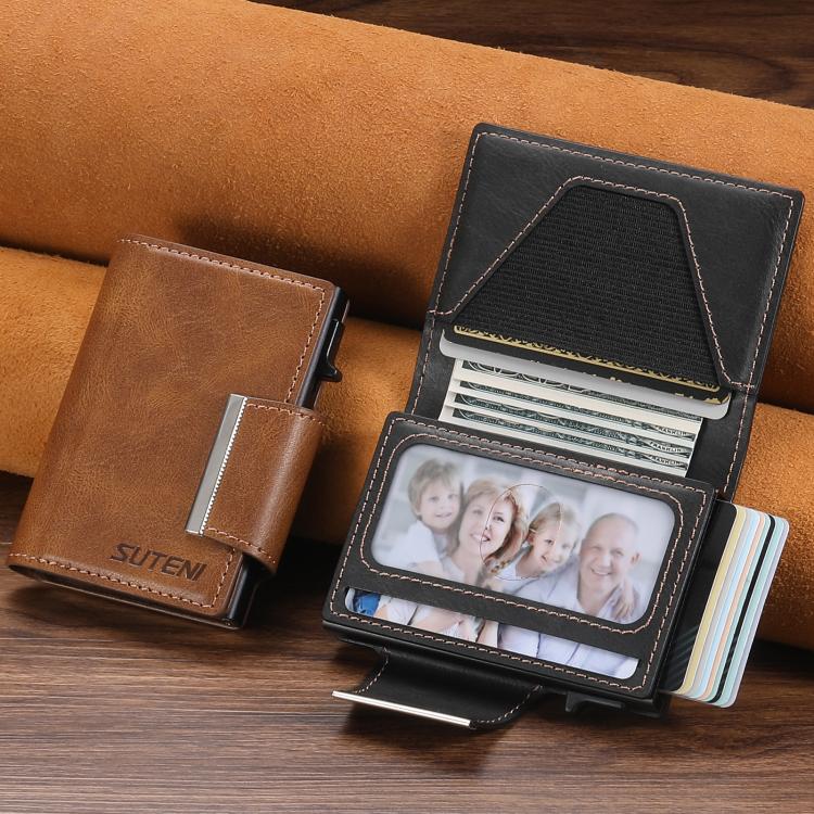 Suteni oil wax-patterned left and right buckle buttons automatically pop out the card box(Brown) - Adhesive Card Holders by Suteni | Online Shopping UK | buy2fix