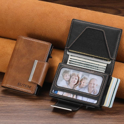 Suteni oil wax-patterned left and right buckle buttons automatically pop out the card box(Brown) - Adhesive Card Holders by Suteni | Online Shopping UK | buy2fix