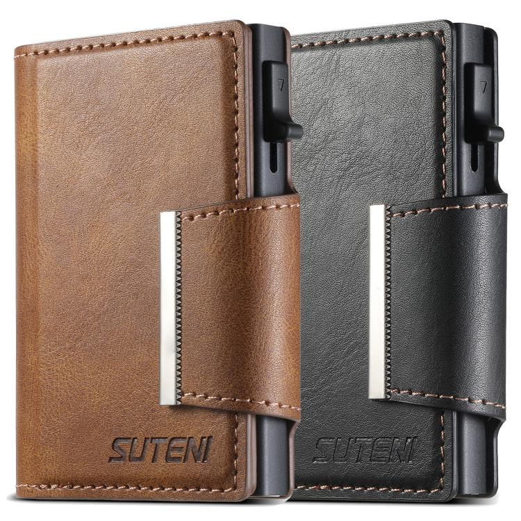 Suteni oil wax-patterned left and right buckle buttons automatically pop out the card box(Brown) - Adhesive Card Holders by Suteni | Online Shopping UK | buy2fix
