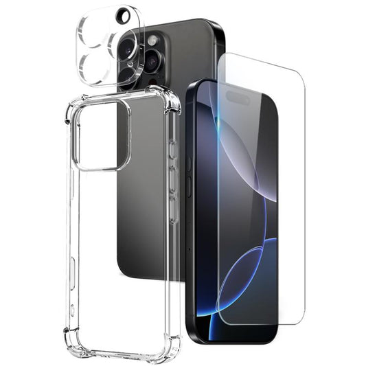 For iPhone 16 Pro Max NORTHJO 3 in 1 TPU Airbag Shockproof Phone Case with Screen Protector Lens Film(Clear) - iPhone 16 Pro Max Tempered Glass by NORTHJO | Online Shopping UK | buy2fix