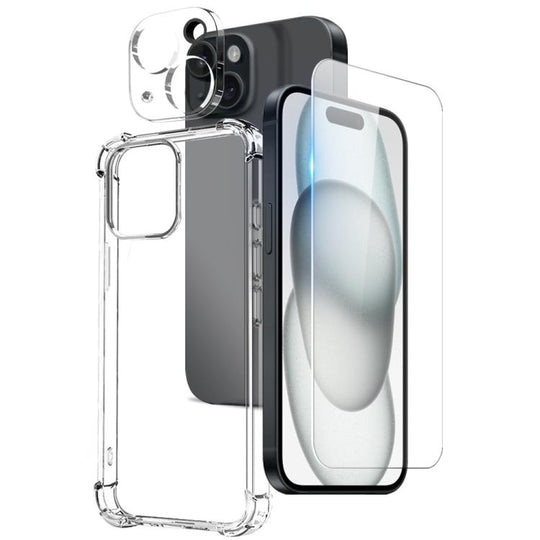 For iPhone 15 NORTHJO 3 in 1 TPU Airbag Shockproof Phone Case with Screen Protector Lens Film(Clear)