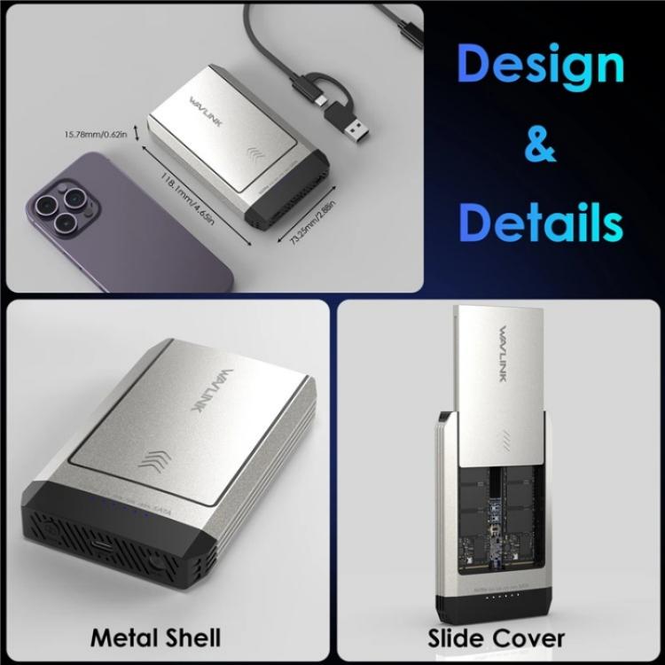 WAVLINK ST347 One-Click Offline Clone Dual Slot M.2 SSD Enclosure USB-C 3.2 Gen2 10Gbps(US Plug) - HDD Enclosure by WAVLINK | Online Shopping UK | buy2fix