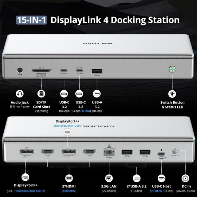WAVLINK WL-UG75PD1-DH2 USB-C / Type-C Displaylink DL7400 Docking Station Support Quad Display(UK Plug) -  by WAVLINK | Online Shopping UK | buy2fix