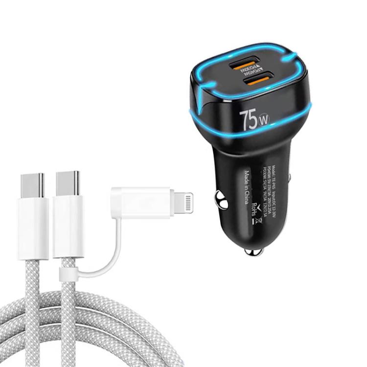 P65 75W Dual Port USB-C / Type-C Car Charger with Type-C to Type-C / 8 Pin Data Cable(Black) - Car Charger by buy2fix | Online Shopping UK | buy2fix