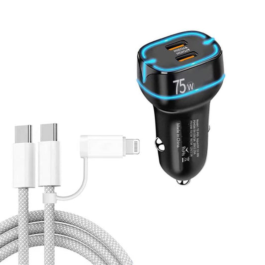 P65 75W Dual Port USB-C / Type-C Car Charger with Type-C to Type-C / 8 Pin Data Cable(Black) - Car Charger by buy2fix | Online Shopping UK | buy2fix