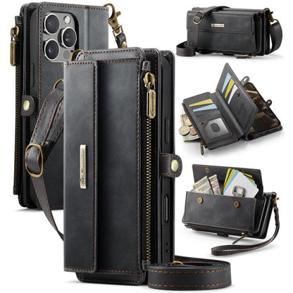 For iPhone 16 Pro Max CaseMe C39 RFID Blocking Zipper Wallet Leather Phone Case with Crossbody Strap(Black) - iPhone 16 Cases by CaseMe | Online Shopping UK | buy2fix