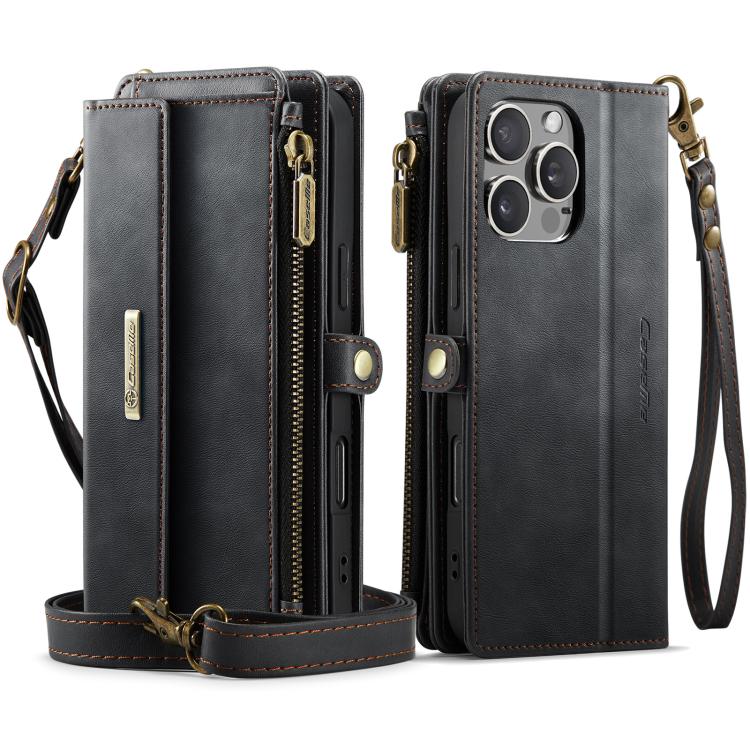 For iPhone 16 Pro CaseMe C39 RFID Blocking Zipper Wallet Leather Phone Case with Crossbody Strap(Black) - iPhone 16 Pro Cases by CaseMe | Online Shopping UK | buy2fix