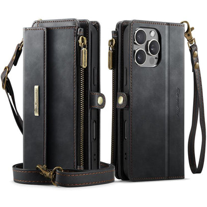 For iPhone 16 Pro CaseMe C39 RFID Blocking Zipper Wallet Leather Phone Case with Crossbody Strap(Black) - iPhone 16 Pro Cases by CaseMe | Online Shopping UK | buy2fix