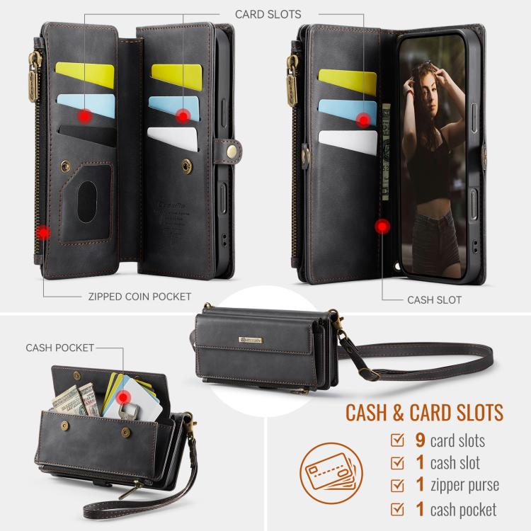 For iPhone 16 Pro CaseMe C39 RFID Blocking Zipper Wallet Leather Phone Case with Crossbody Strap(Black) - iPhone 16 Pro Cases by CaseMe | Online Shopping UK | buy2fix