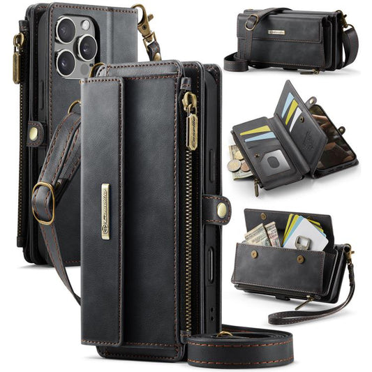 For iPhone 16 Pro CaseMe C39 RFID Blocking Zipper Wallet Leather Phone Case with Crossbody Strap(Black) - iPhone 16 Pro Cases by CaseMe | Online Shopping UK | buy2fix