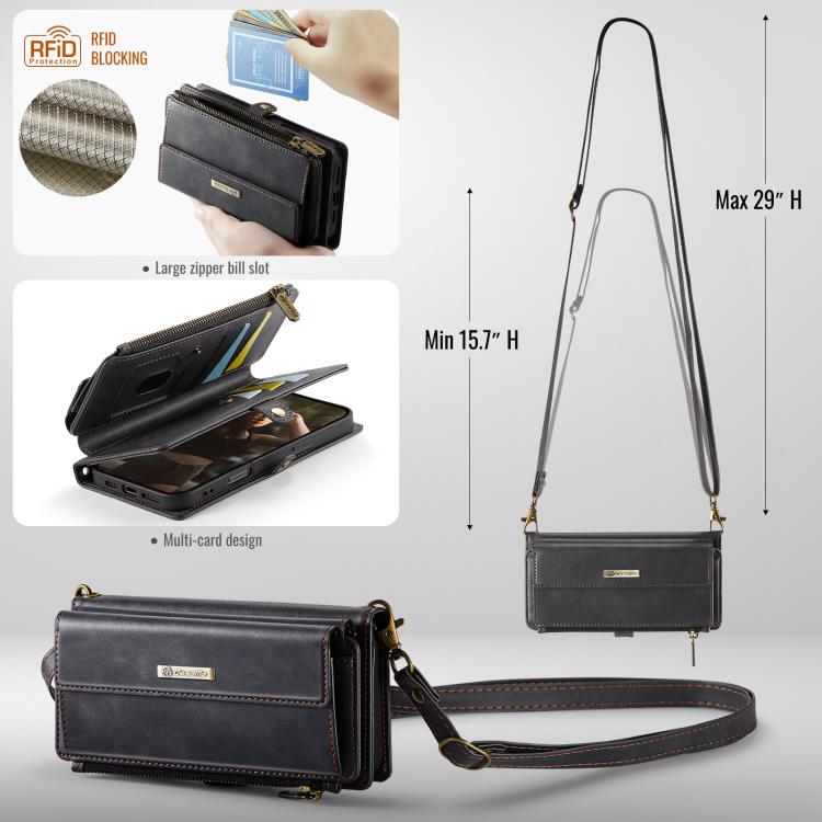For iPhone 16 Pro CaseMe C39 RFID Blocking Zipper Wallet Leather Phone Case with Crossbody Strap(Black) - iPhone 16 Pro Cases by CaseMe | Online Shopping UK | buy2fix