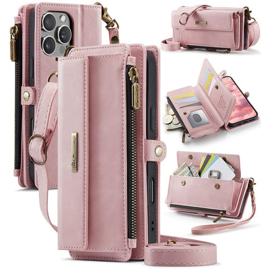 For iPhone 16 Pro CaseMe C39 RFID Blocking Zipper Wallet Leather Phone Case with Crossbody Strap(Pink) - iPhone 16 Pro Cases by CaseMe | Online Shopping UK | buy2fix