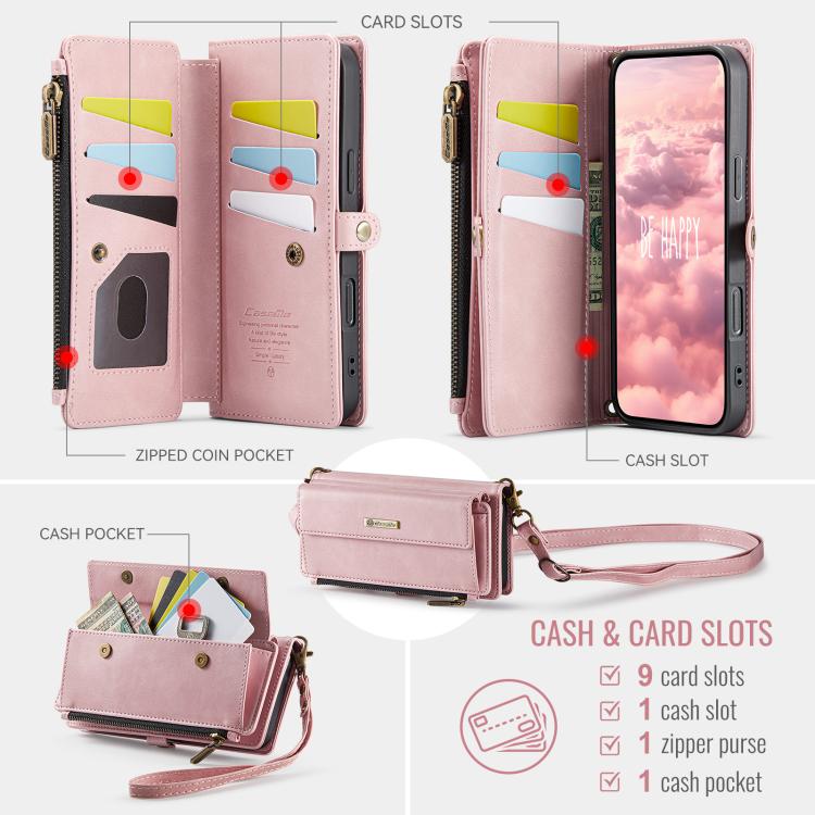 For iPhone 16 Pro CaseMe C39 RFID Blocking Zipper Wallet Leather Phone Case with Crossbody Strap(Pink) - iPhone 16 Pro Cases by CaseMe | Online Shopping UK | buy2fix