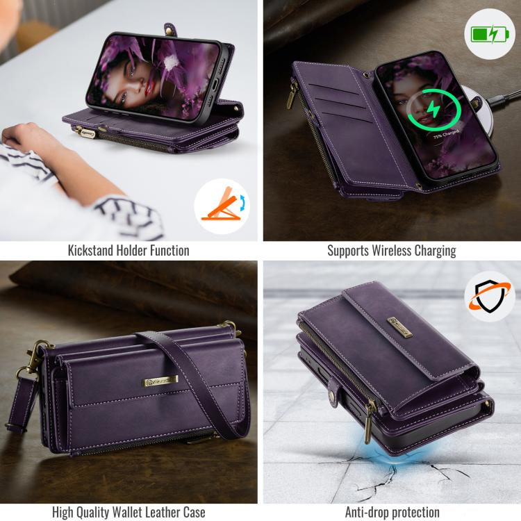 For iPhone 16 Pro CaseMe C39 RFID Blocking Zipper Wallet Leather Phone Case with Crossbody Strap(Purple) - iPhone 16 Pro Cases by CaseMe | Online Shopping UK | buy2fix