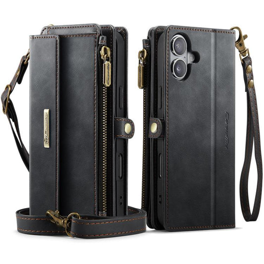 For iPhone 16 Plus CaseMe C39 RFID Blocking Zipper Wallet Leather Phone Case with Crossbody Strap(Black) - iPhone 16 Plus Cases by CaseMe | Online Shopping UK | buy2fix