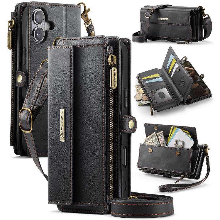 For iPhone 16 Plus CaseMe C39 RFID Blocking Zipper Wallet Leather Phone Case with Crossbody Strap(Black) - iPhone 16 Plus Cases by CaseMe | Online Shopping UK | buy2fix