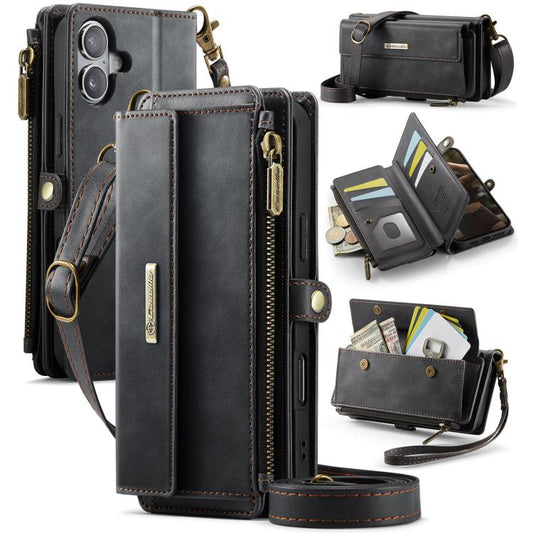 For iPhone 16 Plus CaseMe C39 RFID Blocking Zipper Wallet Leather Phone Case with Crossbody Strap(Black) - iPhone 16 Plus Cases by CaseMe | Online Shopping UK | buy2fix