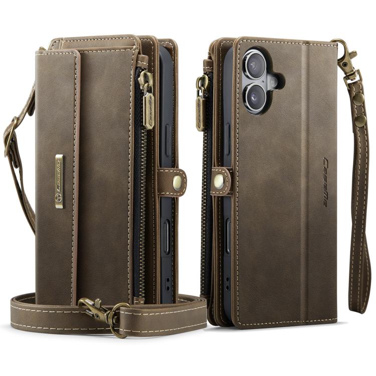 For iPhone 16 Plus CaseMe C39 RFID Blocking Zipper Wallet Leather Phone Case with Crossbody Strap(Coffee) - iPhone 16 Plus Cases by CaseMe | Online Shopping UK | buy2fix
