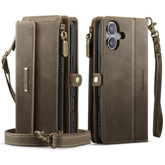 For iPhone 16 Plus CaseMe C39 RFID Blocking Zipper Wallet Leather Phone Case with Crossbody Strap(Coffee) - iPhone 16 Plus Cases by CaseMe | Online Shopping UK | buy2fix