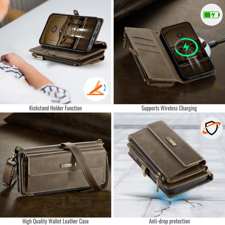 For iPhone 16 Plus CaseMe C39 RFID Blocking Zipper Wallet Leather Phone Case with Crossbody Strap(Coffee) - iPhone 16 Plus Cases by CaseMe | Online Shopping UK | buy2fix