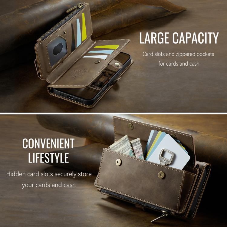 For iPhone 16 CaseMe C39 RFID Blocking Zipper Wallet Leather Phone Case with Crossbody Strap(Coffee) - iPhone 16 Cases by CaseMe | Online Shopping UK | buy2fix