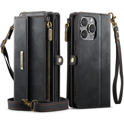 For iPhone 15 Pro CaseMe C39 RFID Blocking Zipper Wallet Leather Phone Case with Crossbody Strap(Black) - iPhone 15 Pro Cases by CaseMe | Online Shopping UK | buy2fix