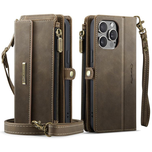 For iPhone 15 Pro CaseMe C39 RFID Blocking Zipper Wallet Leather Phone Case with Crossbody Strap(Coffee) - iPhone 15 Pro Cases by CaseMe | Online Shopping UK | buy2fix