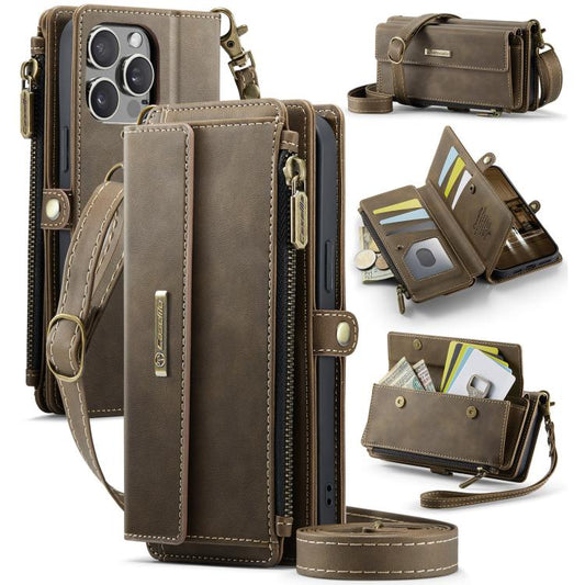For iPhone 15 Pro CaseMe C39 RFID Blocking Zipper Wallet Leather Phone Case with Crossbody Strap(Coffee) - iPhone 15 Pro Cases by CaseMe | Online Shopping UK | buy2fix