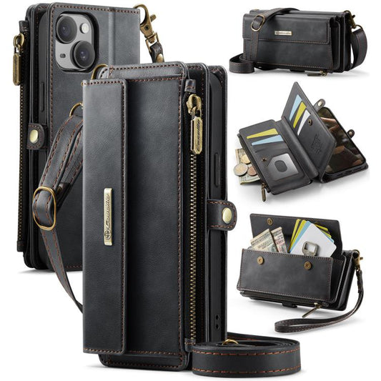 For iPhone 15 CaseMe C39 RFID Blocking Zipper Wallet Leather Phone Case with Crossbody Strap(Black) - iPhone 15 Cases by CaseMe | Online Shopping UK | buy2fix