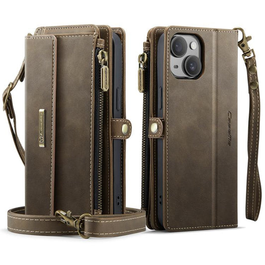 For iPhone 15 CaseMe C39 RFID Blocking Zipper Wallet Leather Phone Case with Crossbody Strap(Coffee) - iPhone 15 Cases by CaseMe | Online Shopping UK | buy2fix