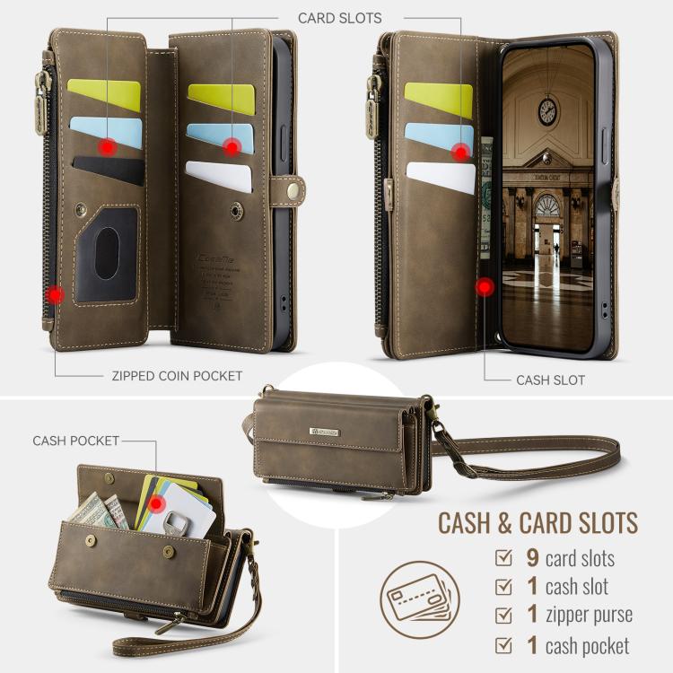 For iPhone 15 CaseMe C39 RFID Blocking Zipper Wallet Leather Phone Case with Crossbody Strap(Coffee) - iPhone 15 Cases by CaseMe | Online Shopping UK | buy2fix