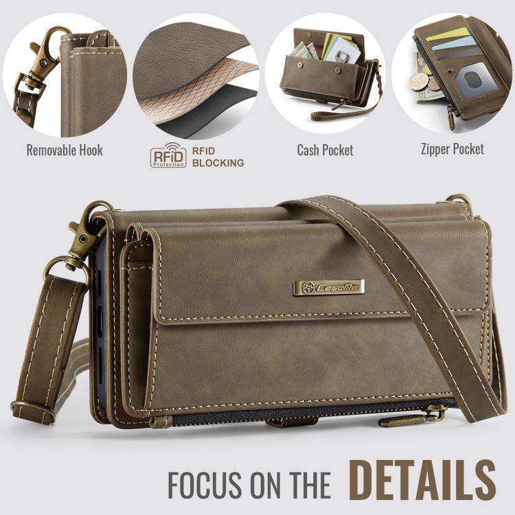 For iPhone 15 CaseMe C39 RFID Blocking Zipper Wallet Leather Phone Case with Crossbody Strap(Coffee) - iPhone 15 Cases by CaseMe | Online Shopping UK | buy2fix