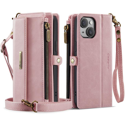 For iPhone 15 CaseMe C39 RFID Blocking Zipper Wallet Leather Phone Case with Crossbody Strap(Pink) - iPhone 15 Cases by CaseMe | Online Shopping UK | buy2fix