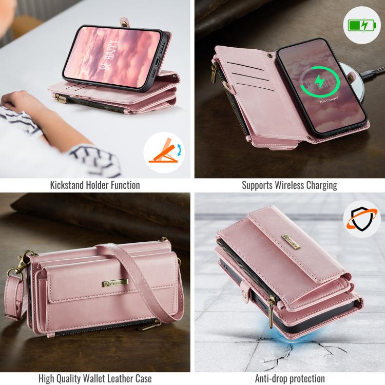 For iPhone 15 CaseMe C39 RFID Blocking Zipper Wallet Leather Phone Case with Crossbody Strap(Pink) - iPhone 15 Cases by CaseMe | Online Shopping UK | buy2fix