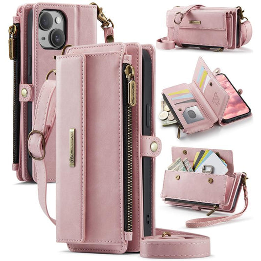 For iPhone 15 CaseMe C39 RFID Blocking Zipper Wallet Leather Phone Case with Crossbody Strap(Pink) - iPhone 15 Cases by CaseMe | Online Shopping UK | buy2fix