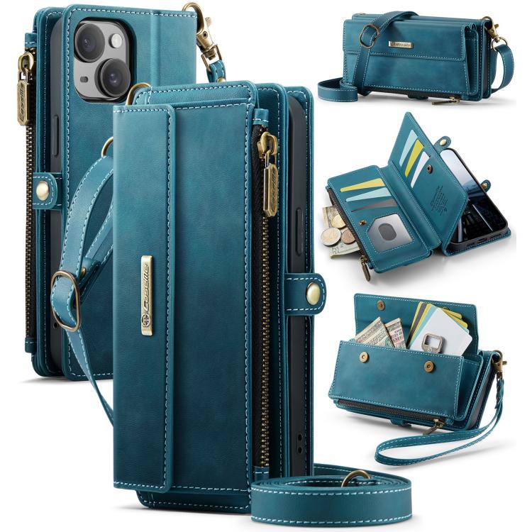 For iPhone 15 CaseMe C39 RFID Blocking Zipper Wallet Leather Phone Case with Crossbody Strap(Green) - iPhone 15 Cases by CaseMe | Online Shopping UK | buy2fix
